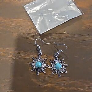 Fashion Jewelry Silver Sunburst Earrings with Turquoise Centers